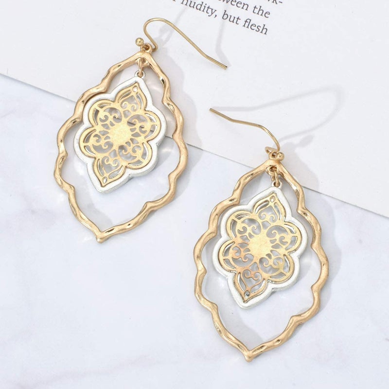 BOGZON Gold Filigree Flower Earrings for Women Dangling Jewelry (gold filigree earrings) - Image 2